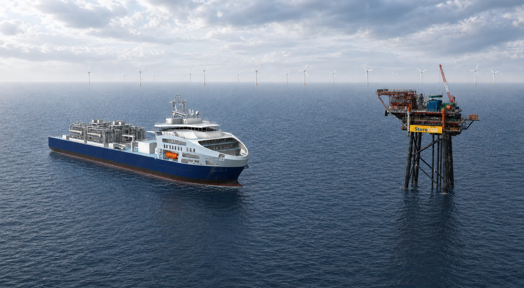 storeCO2 ship approaching an offshore storage installation